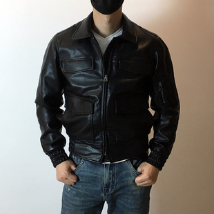 德国 Polizei皮夹克皮衣 黑色男式短款翻领 人造皮修身德军外套