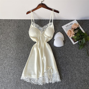 2024睡衣女夏款性感冰丝绸薄款蕾丝吊带胸垫白色睡裙高级感