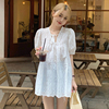 夏季女装韩版批发设计感泡泡短袖娃娃衫，蕾丝镂空中长款衬衫潮