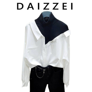 daizzei~2023春装宽松高领，拼接白色上衣假两件女士长袖衬衫潮