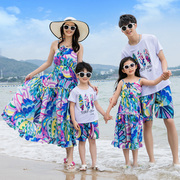 沙滩亲子装夏装一家三口四口三亚海边度假父子套装母女连衣裙洋气
