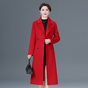秋冬双面羊绒大码大衣中长款西装，领双排扣韩版修身红色，羊毛呢外套