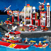 小鲁班拼装积木消防车船消防总局，模型男孩小颗粒玩具礼物拼搭摆件