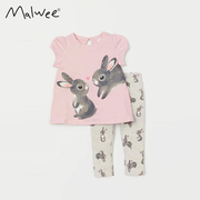 malwee夏季欧美中小童，女童套装动物棉长裤短袖，两件套裤小女孩童装