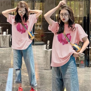 粉色短袖t恤女装2023年夏季韩版宽松纯棉中长款打底上衣ins潮
