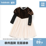 巴拉巴拉女小童连衣裙儿童裙子秋装精致优雅法式绒面泡泡袖两件套