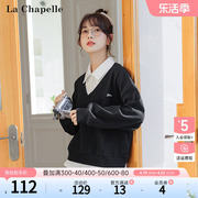 拉夏贝尔/La Chapelle秋冬季拼接POLO领假两件长袖套头卫衣上衣女