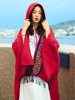 红色披肩女秋冬斗篷外套丽江青海旅游民族风围巾两用针织加厚外搭