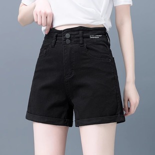 黑色牛仔短裤女士夏季薄款2024年高腰直筒弹力宽松大码热裤子