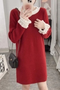 新年红色高级感气质钉珠针织连衣裙女24秋冬宽松中长款毛衣裙