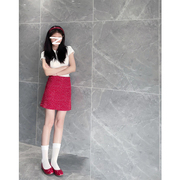 韩版高腰波点a字半身裙，女夏季小个子百搭甜美红色短裙t恤上衣套装