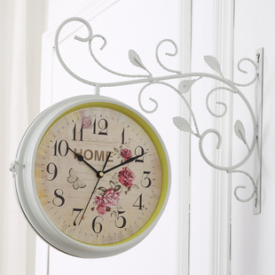 创意铁艺双面挂钟客厅静音田园石英钟简约装饰时钟两面钟表