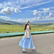 蓝白格子旅游设计感海边度假长裙法式吊带半身裙两件套装沙滩裙旅