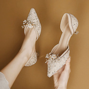 水晶高跟鞋女法式5公分小跟珍珠花朵蝴蝶结，细跟尖头婚宴伴娘单鞋