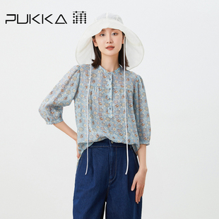 蒲pukka原创设计女装夏季宽松苎麻印花新中式立领衬衫