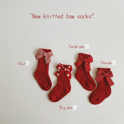 ins冬款新年大红袜女宝宝洋气红色蝴蝶结波点毛线袜宝宝圣诞袜子
