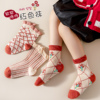 儿童袜子秋冬新年款花边中筒棉袜女童宝宝法式小香风铃铛红色袜子