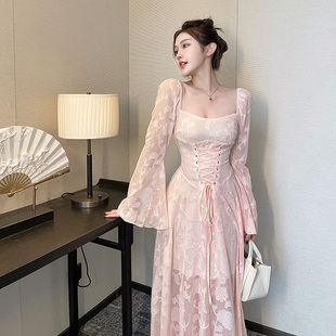 girlsat18粉色性感蕾丝连衣裙，女大码设计感绑带气质网纱法式长裙