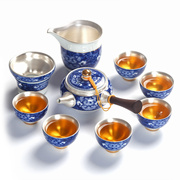 景德镇青花瓷茶具纯银日式家用镶银功夫茶具套装侧把壶陶瓷茶杯子