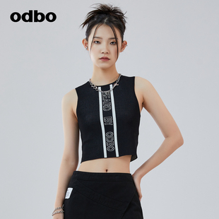 odbo欧宝原创设计印花针织运动背心女2022年夏季短款时尚个性上衣