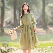 纻衣绿色天丝设计感长袖连衣裙，女2024春季小众气质中长裙子