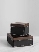 美式简约胡桃木皮质方形首饰盒圆形收纳罐样板间售楼处卧室衣帽间