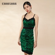 香莎chansarr时尚个性真丝连衣裙，独特设计褶皱豹纹包臀吊带裙