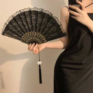 新中式复古黑色蕾丝折扇洛丽塔旗袍扇子流苏古风拍照道具中华娘