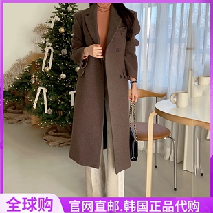 棕色毛呢外套西装领女款韩国2023冬季新宽松阔版呢子大衣