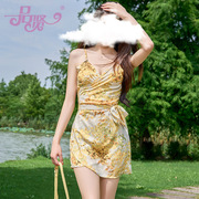 学姐的丝：女士吊带纯欲连衣裙黄色战袍夏季包臀短裙碎花吊带