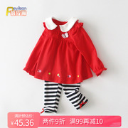 小女童宝宝连衣裙两件套装，春装1一2岁公主，衣服红色婴幼儿春季薄款