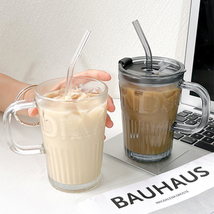 水杯玻璃杯子带盖吸管咖啡杯女2023办公室家用大人果汁咖啡杯