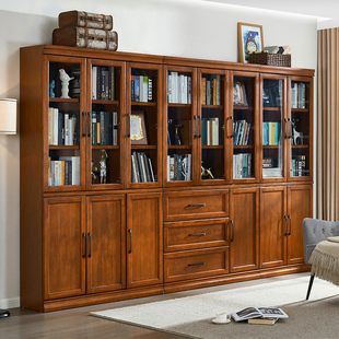 实木书柜储物收纳柜美式客厅，满墙书橱玻璃门落地书架，组合置物柜