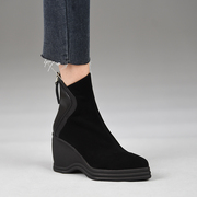 misili 法式尖头坡跟短靴秋冬季8cm黑色高跟鞋厚底真皮女靴子