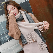 长款韩版毛线围巾女冬季学生针织条纹粗线英伦风流苏两用披肩