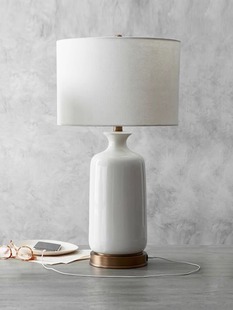 现代简约白玉陶瓷，麻布台灯美式乡村床头，书房客厅桌灯具