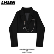 「lhsen」黑色短款小西装外套，女宽松小个子，炸街设计感小众小西服