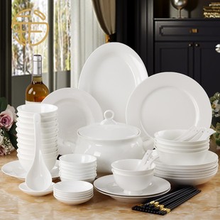 骨瓷碗碟餐具纯白釉下彩家用套装，高档白色碗，盘子白瓷组合简约陶瓷