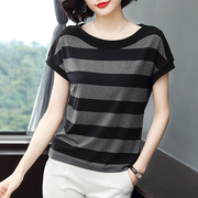 韩国女士短袖T恤纯棉2024夏装洋派小衫大尺码休闲条纹中袖上