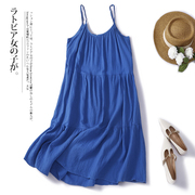 夏季吊带裙女2023蓝长裙超仙气质显白连衣裙棉麻宽松纯色百搭