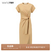 wanatry连衣裙女夏季法式收腰修身长裙卡其色，解构设计感绑带裙子