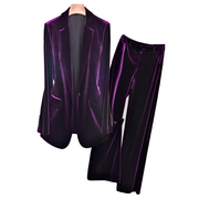 2023秋冬紫色高端丝绒修身时尚西装外套大码职业年会西服气质套装