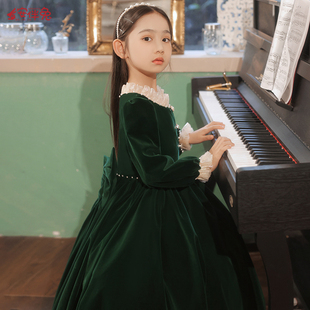女童晚礼服绿色公主裙，儿童高端钢琴演奏主持人花童演出服长袖冬季