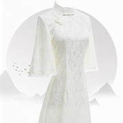 改良版复古风日常蕾丝，旗袍中长款纯白色镂空七分袖年轻少女夏
