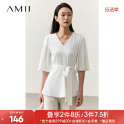 amii2024夏法式(夏法式)雪纺，衫女喇叭袖v领白色衬衫设计感配腰带上衣