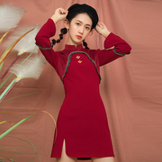 2021秋季复古日常红色短旗袍裙，小清新改良中国风长袖连衣裙子