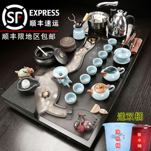 整块乌金石茶盘功夫茶具，套装家用整套自动上水雾化流水泡茶台客厅