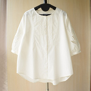 韩版镂空刺绣拼接蕾丝五分袖纯棉圆领白色衬衫前短后长夏季上衣女