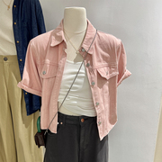 粉色牛仔衬衫外套女宽松短袖翻领，休闲韩版夹克设计感小众短款上衣