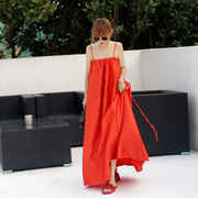 猫布制造海边氛围感长裙到脚踝超长款生日裙子红色吊带连衣裙宽松